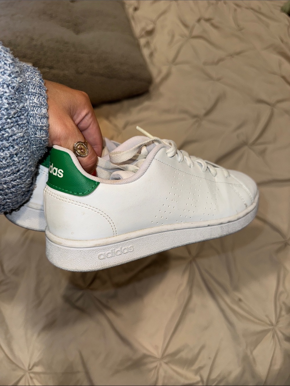 adidas Kids White Sneakers with Green Heel Patch